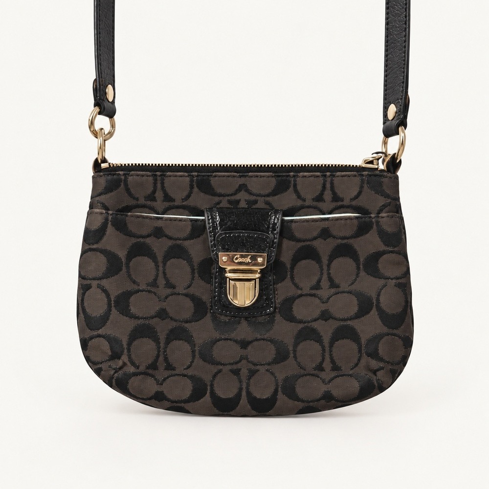 Coach Poppy Signature Black Mini Pushlock Crossbody Pouch Handbag Gold Hardware